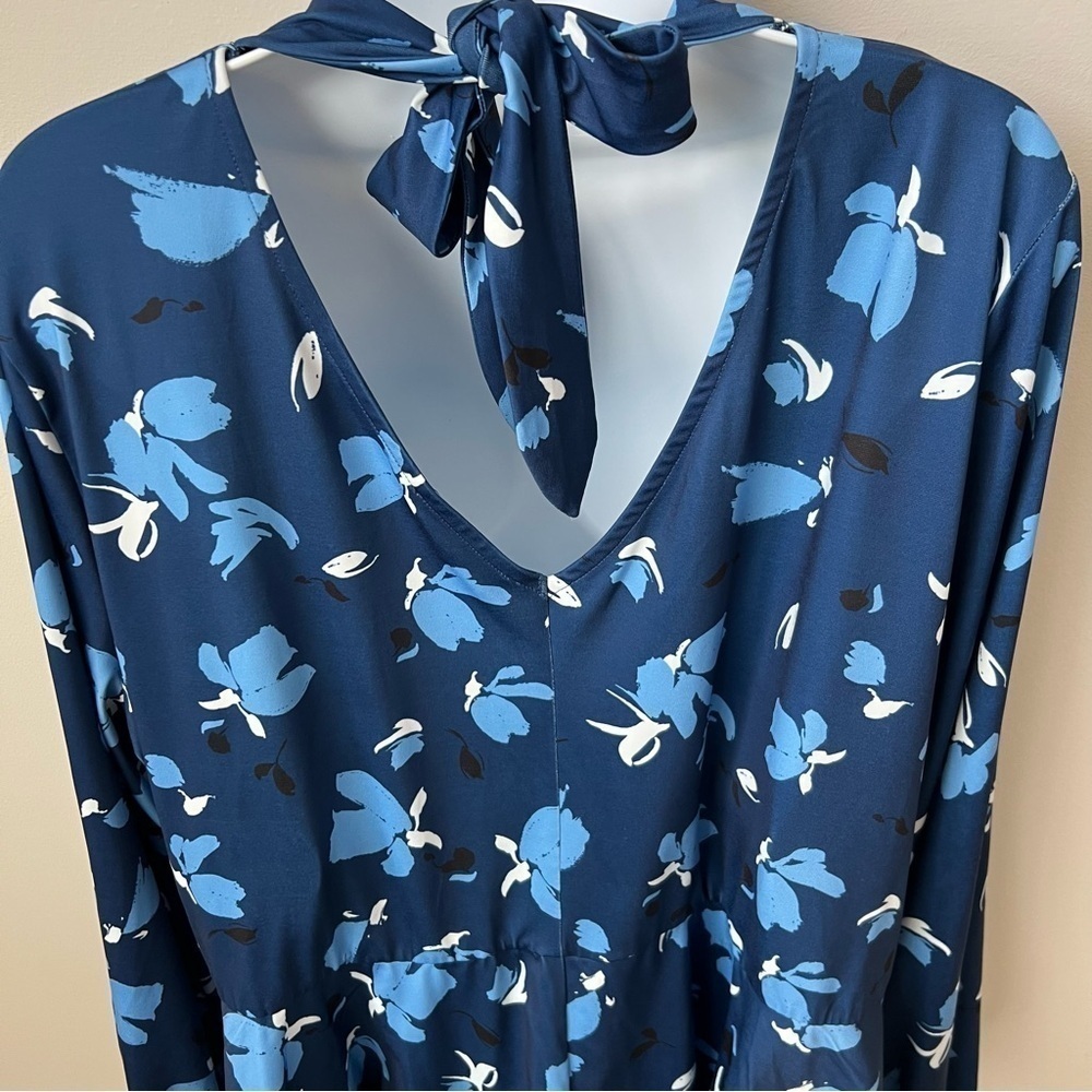 Eloquii Boho Tie Neck L/S Top Keyhole Back Cut Out Stretch Blue Floral 20 - Picture 6 of 10
